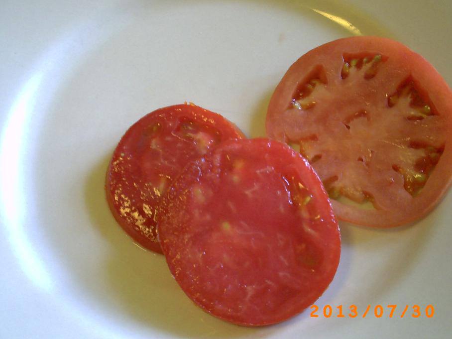 A slice of store bought tomato on plate with a couple of slices from the garden